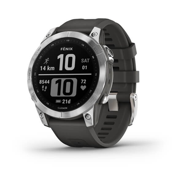 Garmin Fenix 7 серебристый с графитовым силиконовым ремешком