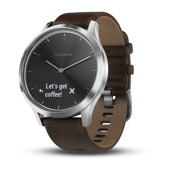 Смарт часы Garmin VivoMove HR серебряные с темно-коричневым кожаным ремешком